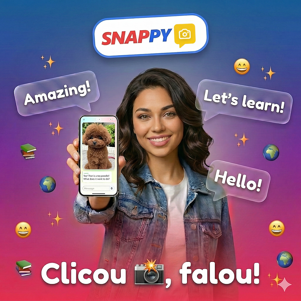 Mulher feliz usando o Snappy English para aprender inglês